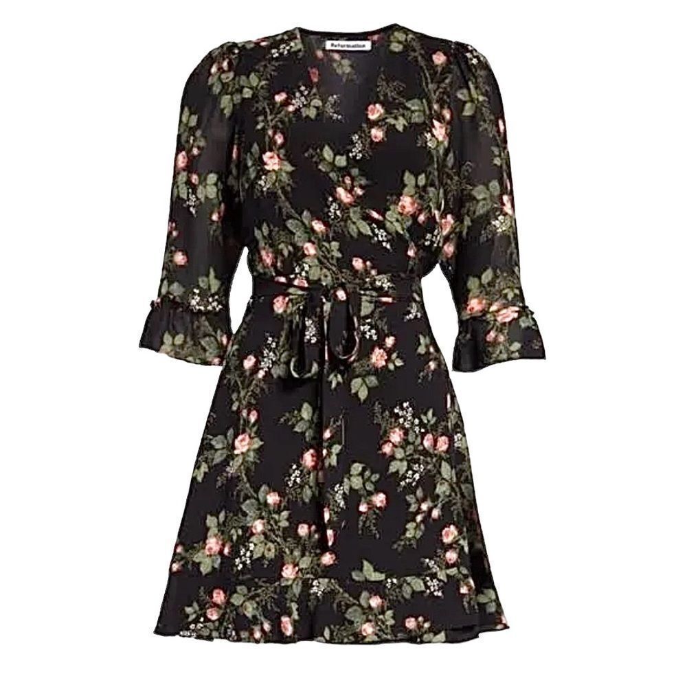 Reformation Zoe Wrap Dress Floral‎ Rose Print Half Sleeve Small